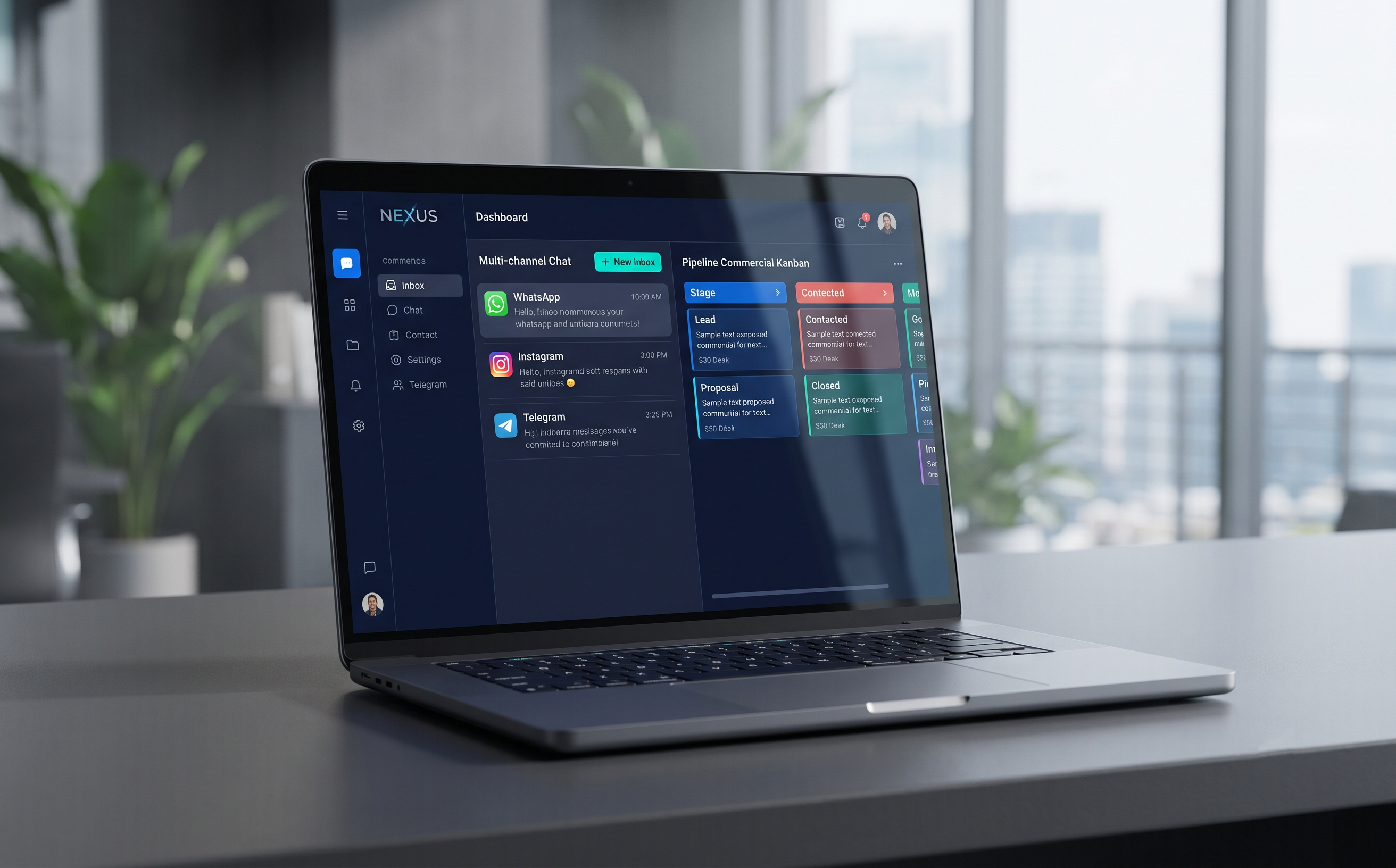 NEXUS Dashboard - Bandeja de entrada omnicanal y Kanban comercial
